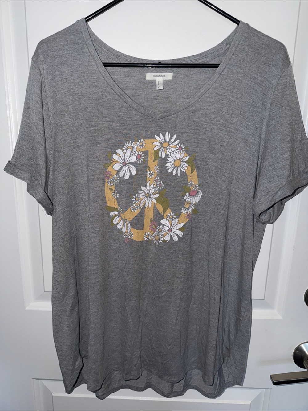 Maurices Gray V-Neck Tee with Yellow Floral Peace Graphic